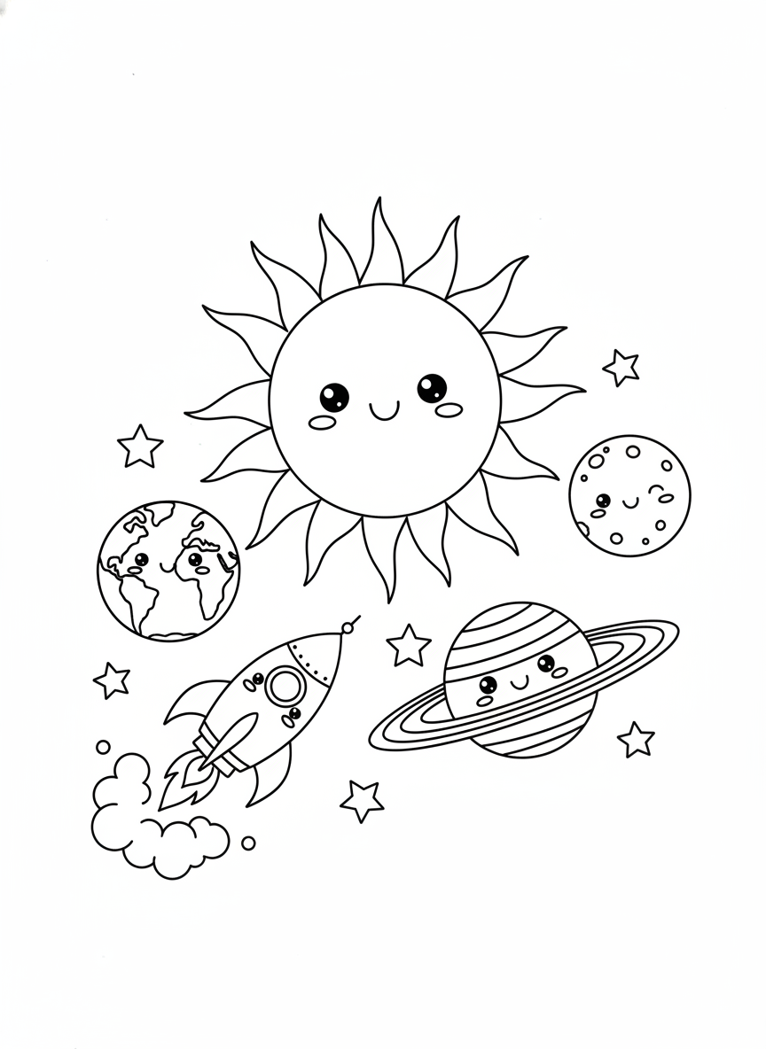 Cute Solar System Adventure Coloring Page for Kids - Space & Planet Coloring Page featuring Easy to Color and Cute - Free Printable Outline Drawing for Kids