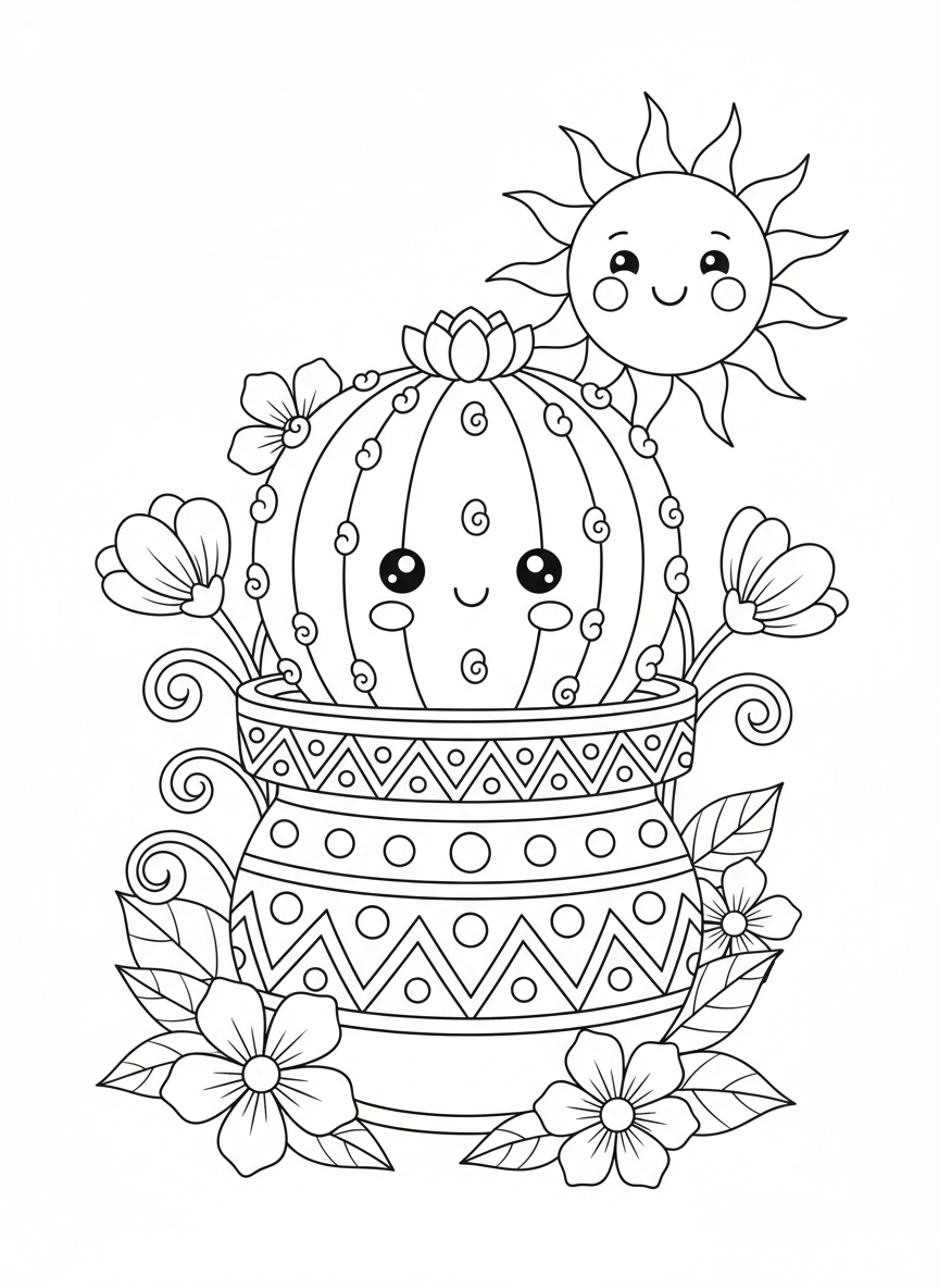 Cute Spherical Cactus & Desert Friends Coloring Page - Cactus Coloring Page featuring Cute and Desert - Free Printable Outline Drawing for Kids