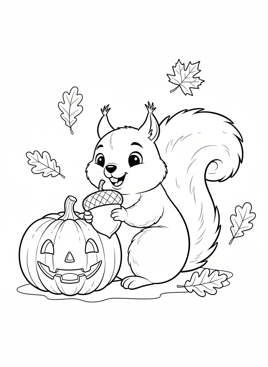 Esquilinho Fofo e Abóbora Amigável: Página para Colorir de Outono - Esquilo Desenho para Colorir com Crianças e Fofo - Desenho de Contorno Grátis Imprimível