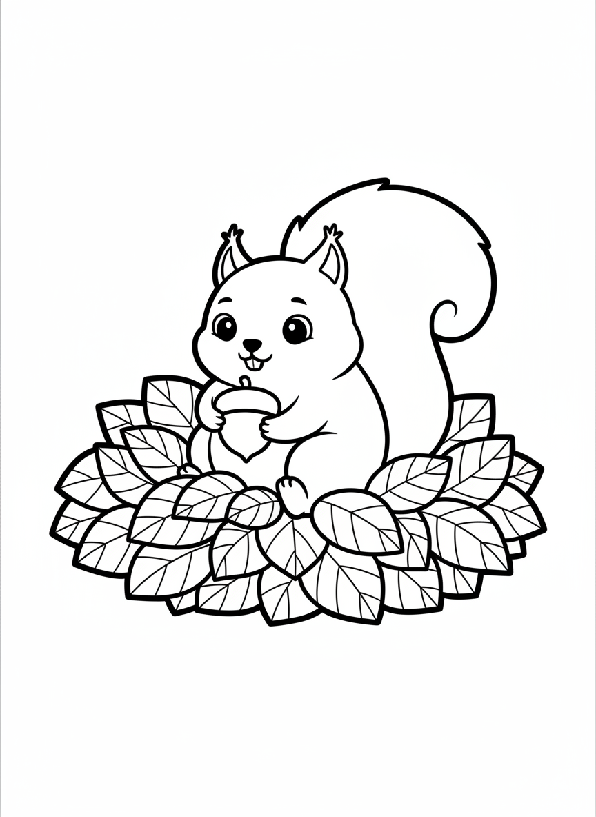 Mignon Écureuil dans les Feuilles d'Automne à Colorier - Écureuil Coloriage avec Facile à colorier et Mignon - Dessin au Trait Gratuit Imprimable