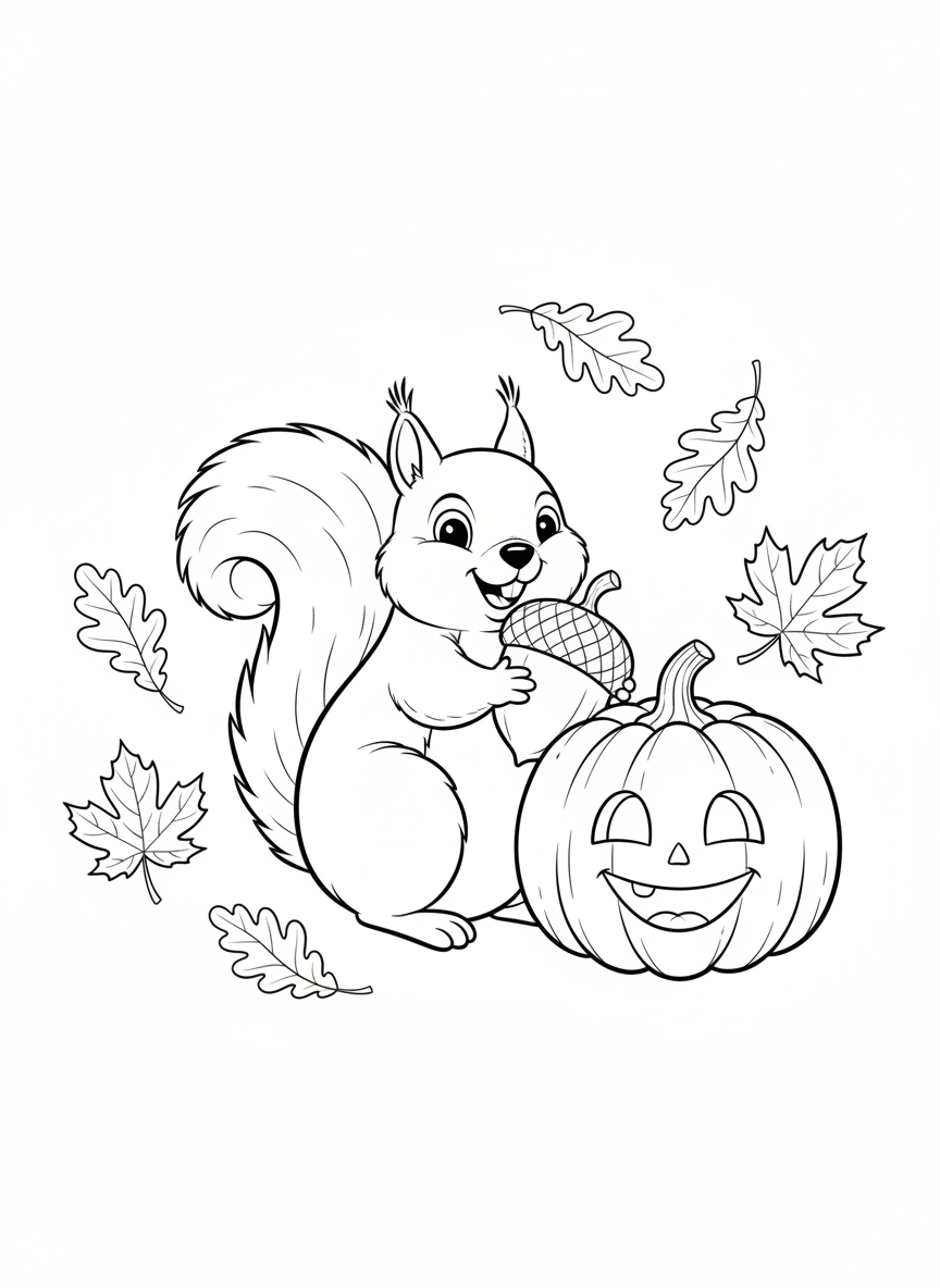 Cute Squirrel & Smiling Pumpkin Autumn Coloring Page - Autumn Coloring Page featuring Children and Cute - Free Printable Outline Drawing for Kids