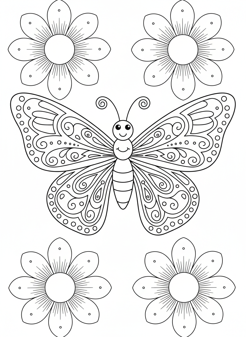 かわいい対称の蝶と花の塗り絵 - 蝶 ぬりえページ 子供とかわいい - 無料印刷可能な輪郭画