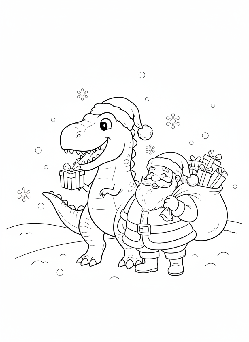 Cute T-Rex & Santa Christmas Fun Coloring Page for Kids - Christmas Coloring Page featuring Dinosaur and Christmas - Free Printable Outline Drawing for Kids