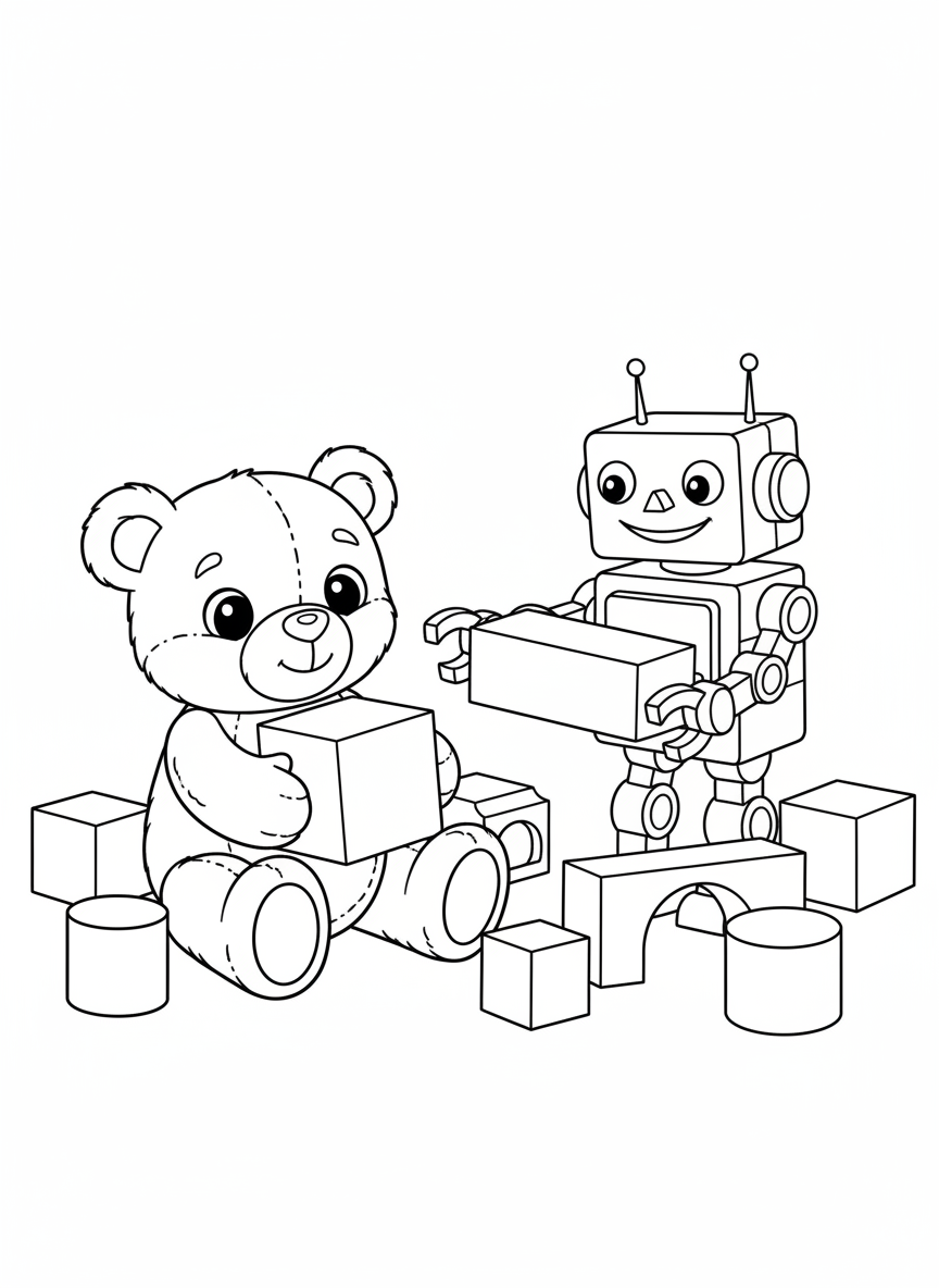 Ursinho de Pelúcia e Robô Brincando com Blocos - Brinquedo Desenho para Colorir com Crianças e Fofo - Desenho de Contorno Grátis Imprimível