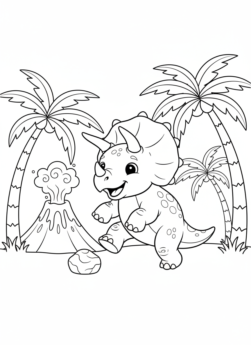 Triceratops Fofo Brincando Perto de um Vulcão - Dinossauro Desenho para Colorir com Crianças e Fofo - Desenho de Contorno Grátis Imprimível