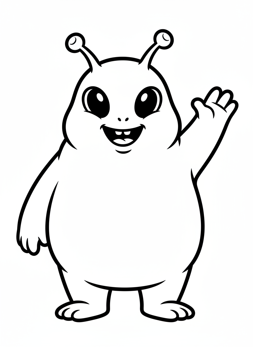 Cute Waving Alien Kids' Coloring Page - Space Character Coloring Page featuring Children and Cute - Free Printable Outline Drawing for Kids