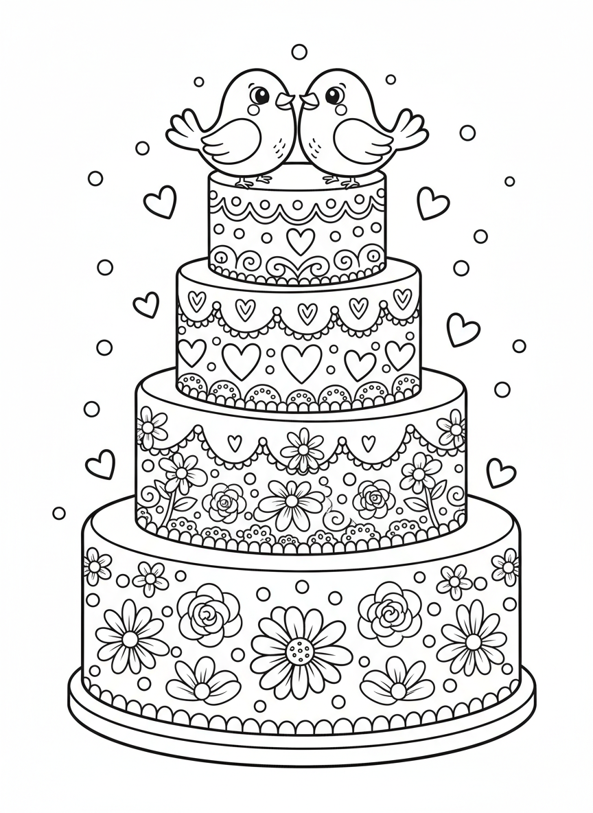 Cute Wedding Cake Coloring Page for Kids: Flowers, Lace & Doves - Wedding Coloring Page featuring Easy and Festive - Free Printable Outline Drawing for Kids