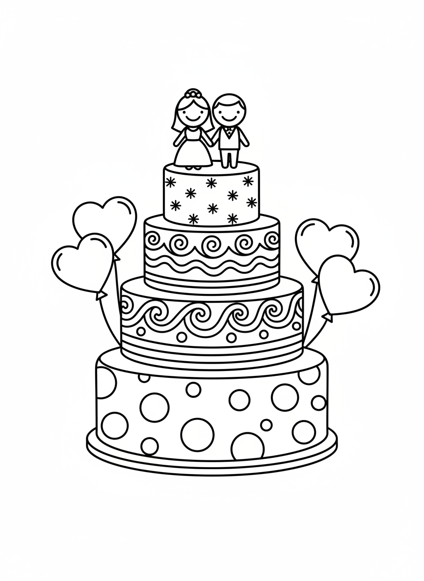Cute Wedding Cake Coloring Page for Kids - Wedding Coloring Page featuring Children and Cute - Free Printable Outline Drawing for Kids