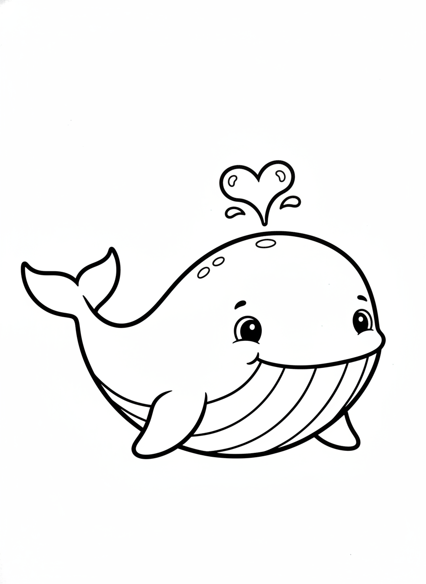 Adorable Baleine Soufflant un Cœur, Page de Coloriage Enfant - Animal Marin Coloriage avec Océan et Enfants - Dessin au Trait Gratuit Imprimable