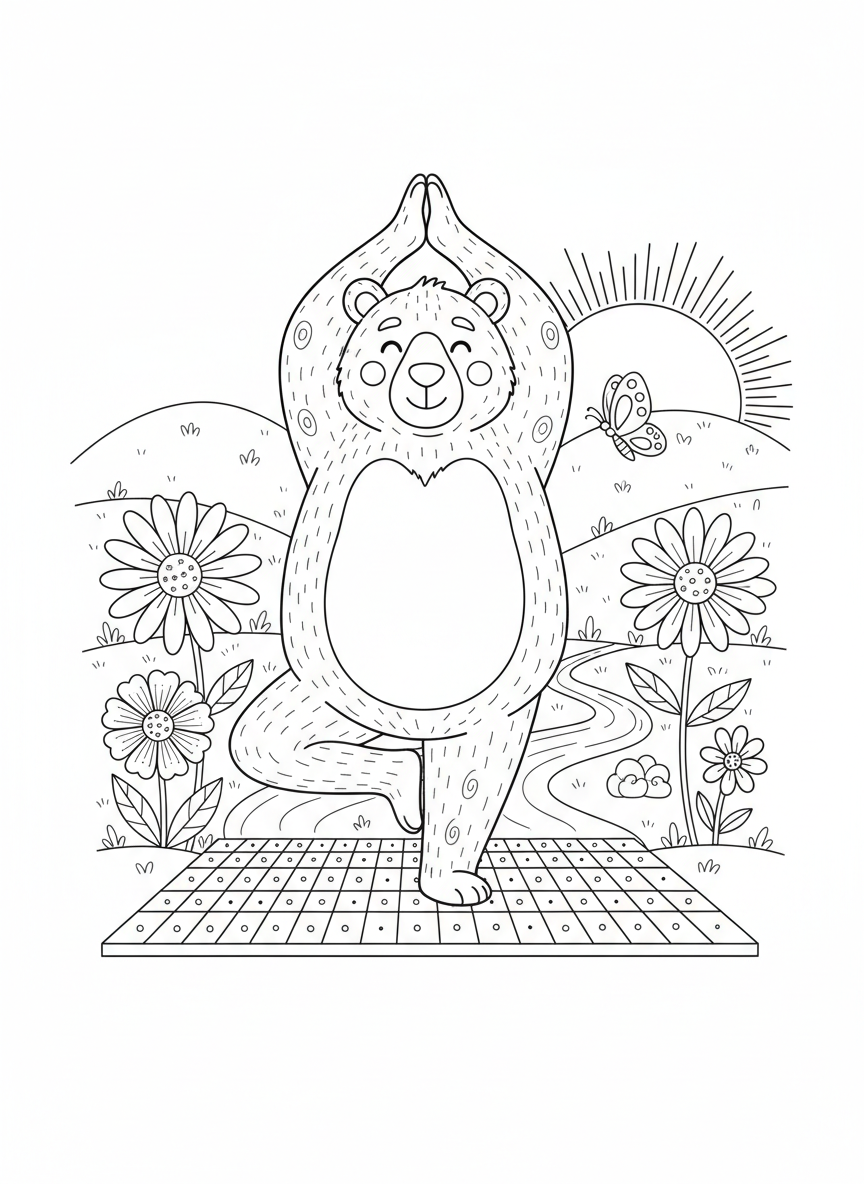 Cute Yoga Bear Coloring Page: Peaceful Meadow Zen - Bear Coloring Page featuring Cute Animals and Nature Scene - Free Printable Outline Drawing for Kids