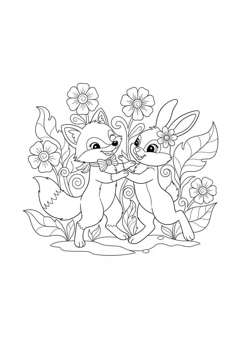 Dancing Fox and Rabbit: A Cute Garden Adventure Coloring Page for Kids - Friends Coloring Page featuring Cute and Children - Free Printable Outline Drawing for Kids