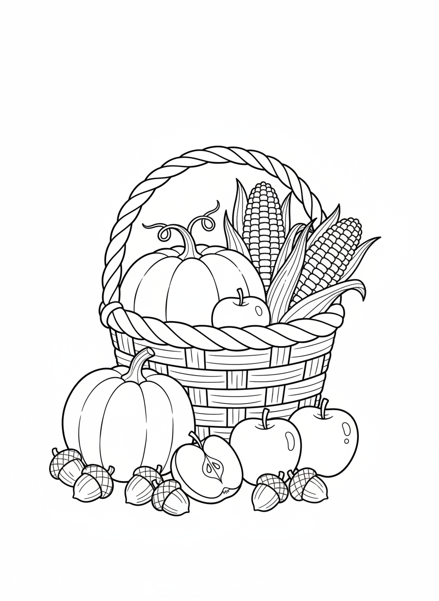Delightful Autumn Harvest Basket Coloring Page for Kids - Autumn Coloring Page featuring Children and Seasonal - Free Printable Outline Drawing for Kids