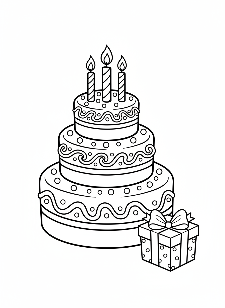 Delightful Birthday Cake Coloring Page for Kids: Celebrate with Candles & Gifts! - Birthday Coloring Page featuring Children and Cute - Free Printable Outline Drawing for Kids
