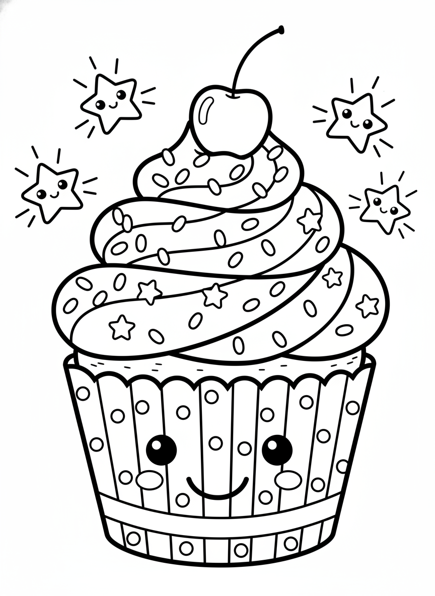 Delightful Cupcake Coloring Page for Kids - Dessert Coloring Page featuring Food and Cute - Free Printable Outline Drawing for Kids