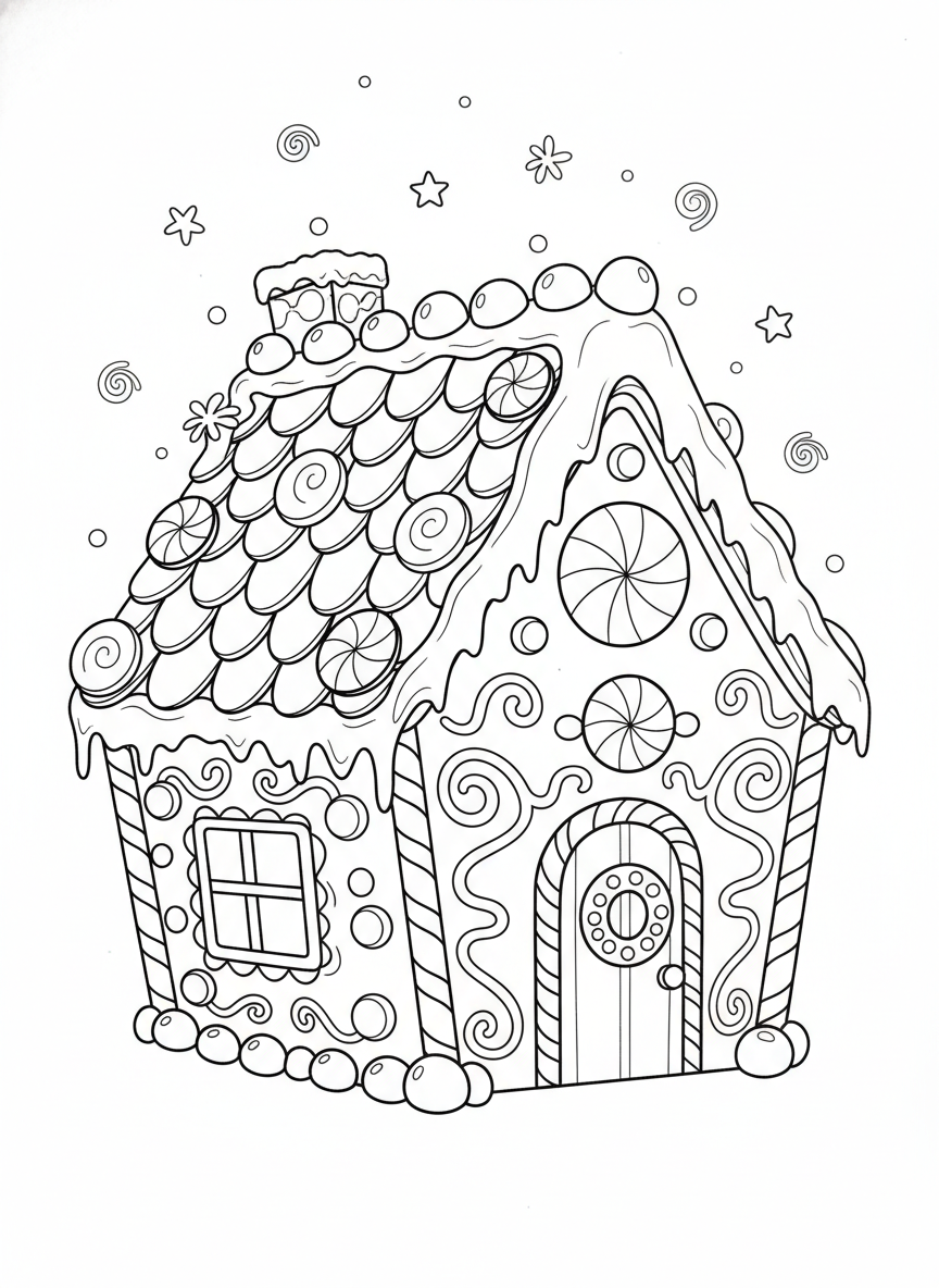 子供向けジンジャーブレッドハウスぬりえ：お祝いのクリスマスシーン - クリスマス ぬりえページ お祭りと子供 - 無料印刷可能な輪郭画
