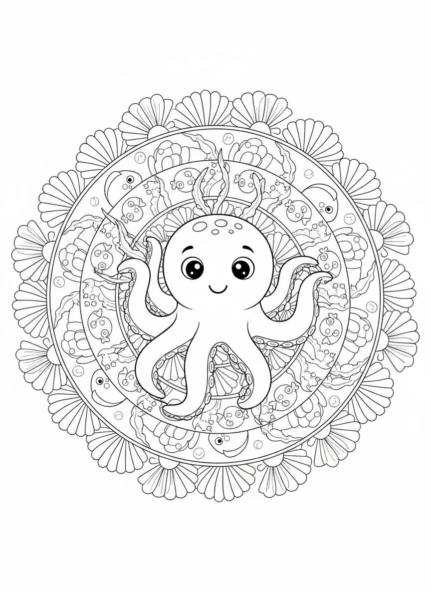 Delightful Marine Life Mandala Coloring Page for Kids - Mandala Coloring Page featuring Cute and Children - Free Printable Outline Drawing for Kids