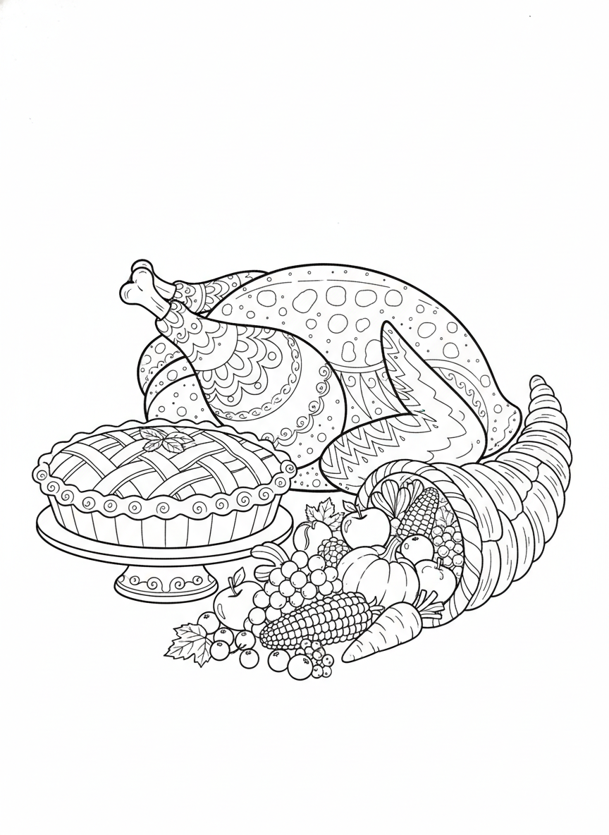 感謝祭の楽しいごちそうぬり絵 - 感謝祭 ぬりえページ 子供と七面鳥 - 無料印刷可能な輪郭画