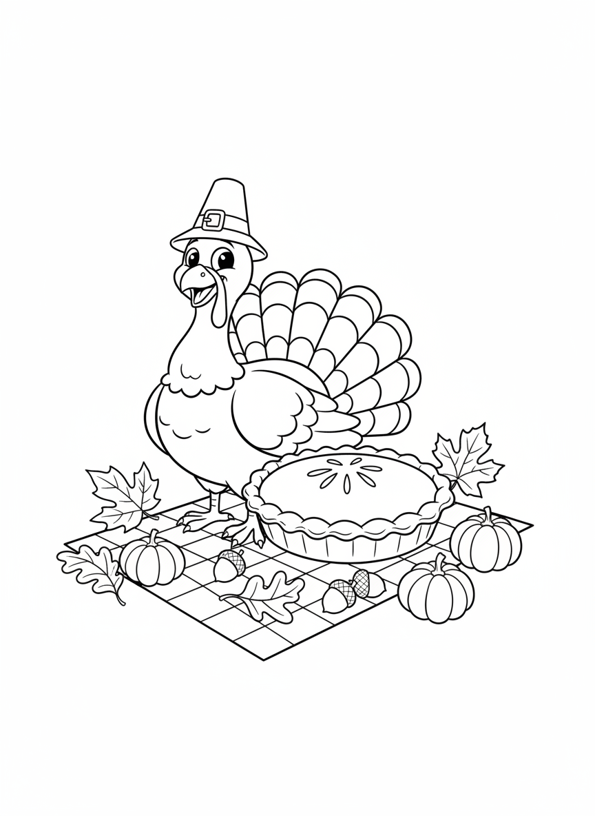 Delightful Turkey & Pumpkin Pie Thanksgiving Coloring Page for Kids - Thanksgiving Coloring Page featuring Festive and Children - Free Printable Outline Drawing for Kids
