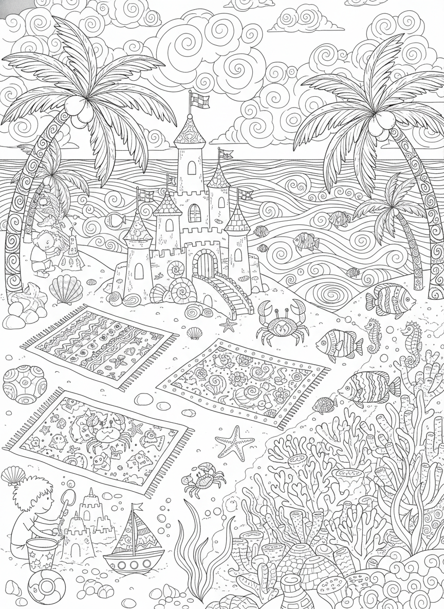 Página de colorir de praia detalhada: Castelos de areia, vida marinha e diversão - Paisagem Marinha Desenho para Colorir com Detalhado e Vida Marinha - Desenho de Contorno Grátis Imprimível