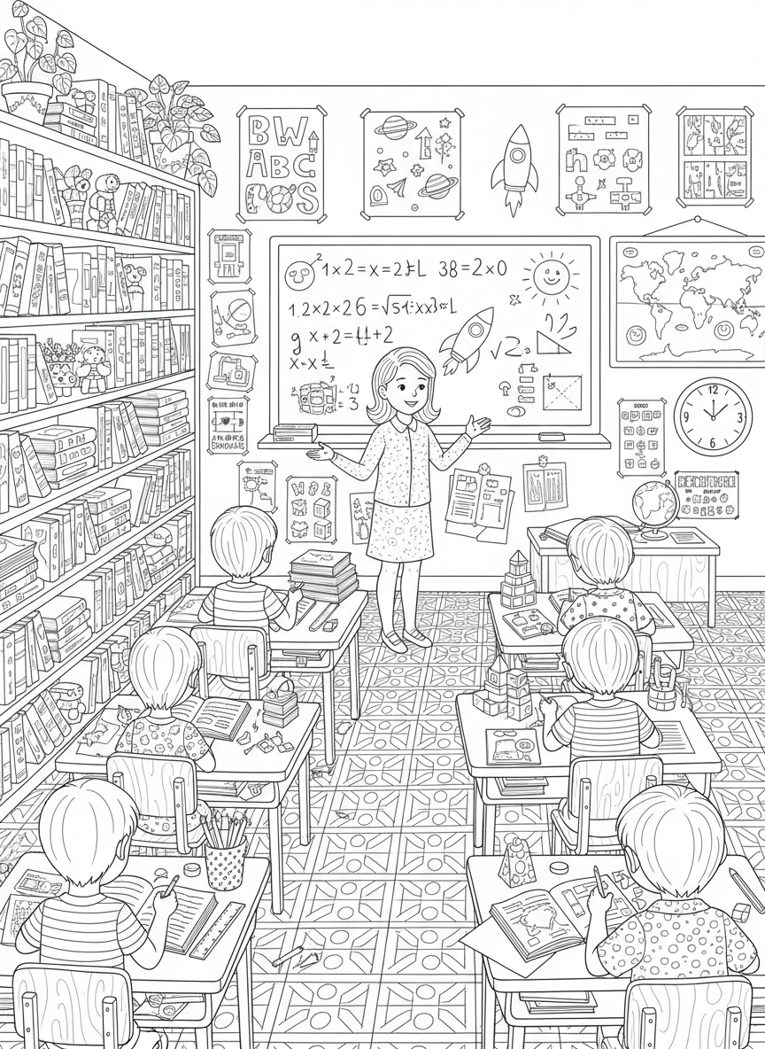 Detailed Classroom Scene: An Intricate Coloring Page for Older Kids - School Life Coloring Page featuring Children and Complex - Free Printable Outline Drawing for Kids