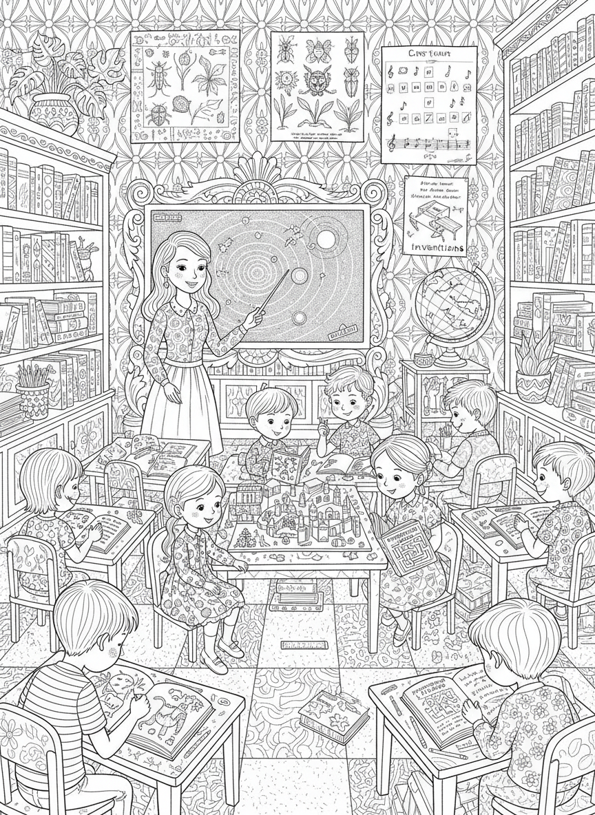 Detailed Classroom Scene Coloring Page: Learn and Discover - School Life Coloring Page featuring Detailed and Learning - Free Printable Outline Drawing for Kids