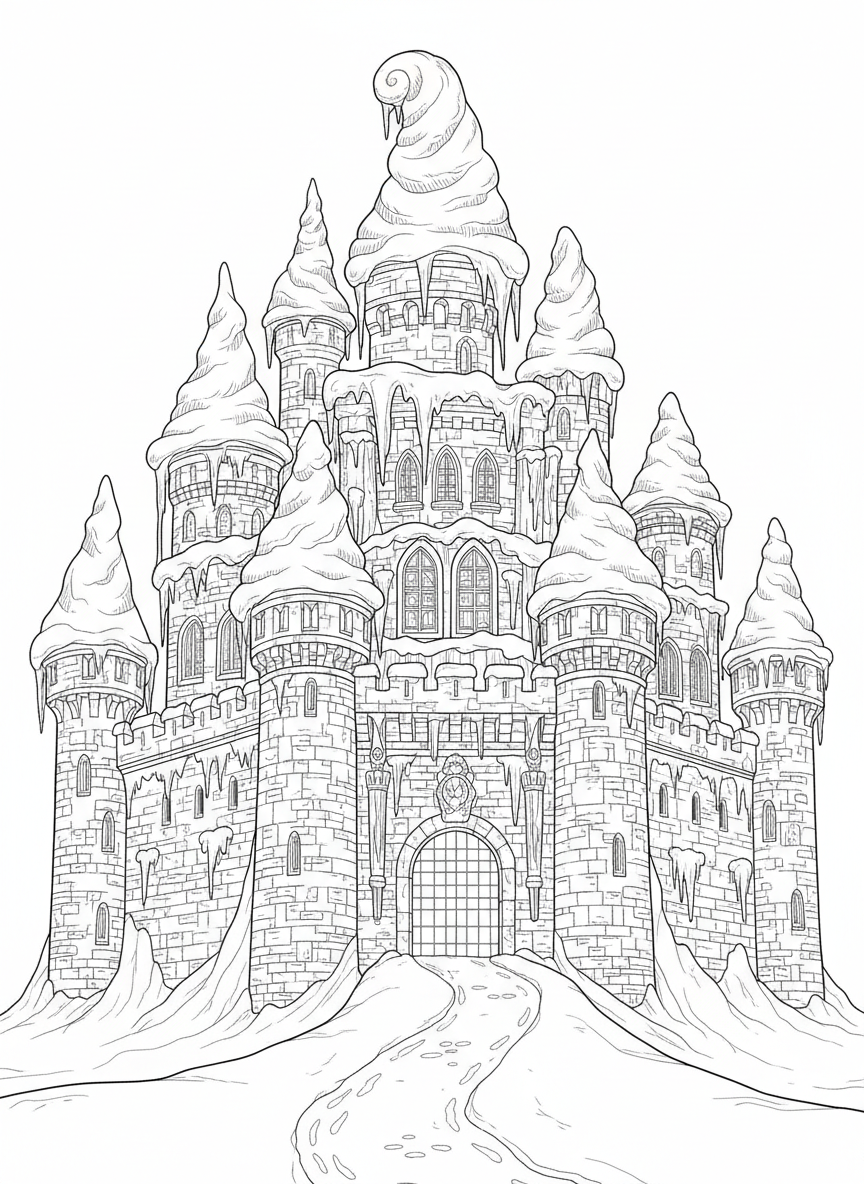Detailed Snow-Covered Castle Coloring Page - Winter Coloring Page featuring Snow and Seasonal - Free Printable Outline Drawing for Kids