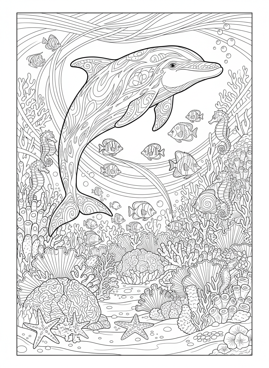 Dolphin & Coral Reef Adventure: Detailed Kids Coloring Page - Ocean Animal Coloring Page featuring Dolphin and Ocean Life - Free Printable Outline Drawing for Kids