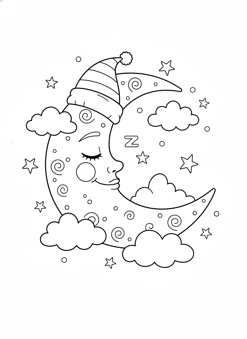 Dreamy Sleeping Moon Coloring Page for Kids with Stars and Clouds - Space & Planet Coloring Page featuring Cute and Night Sky - Free Printable Outline Drawing for Kids