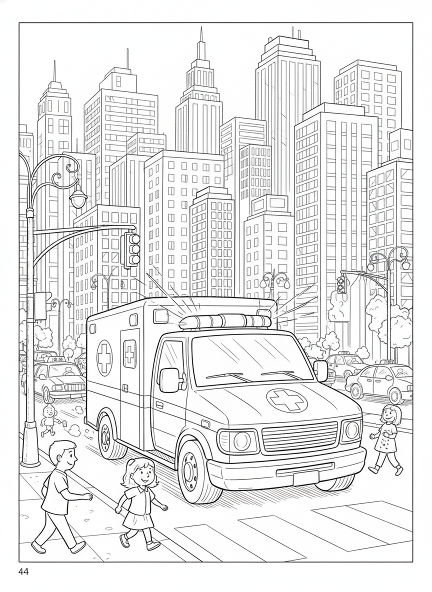 Dynamic City Rescue: Ambulance Coloring Page for Kids - Ambulance Coloring Page featuring Children and Complex - Free Printable Outline Drawing for Kids