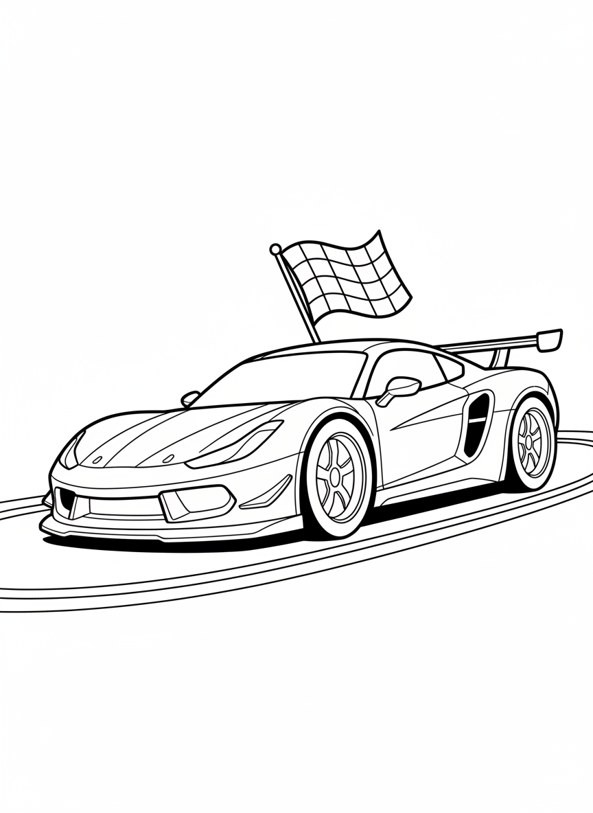Page de coloriage de voiture de course dynamique pour enfants - Voiture de course Coloriage avec Enfants et Course - Dessin au Trait Gratuit Imprimable