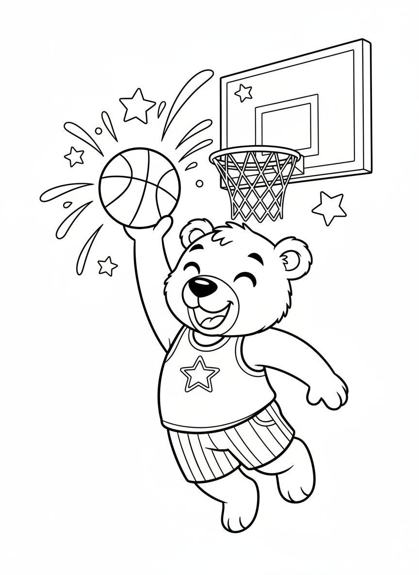 Dynamic Slam Dunk Bear Coloring Page for Kids - Bear Coloring Page featuring Playful and Sports - Free Printable Outline Drawing for Kids