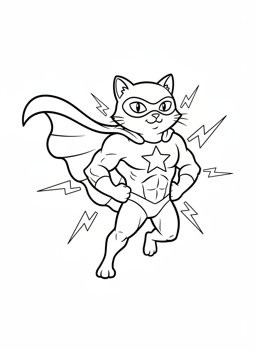 Dynamic Superhero Cat Coloring Page for Kids - Cat Coloring Page featuring Children and Cute - Free Printable Outline Drawing for Kids