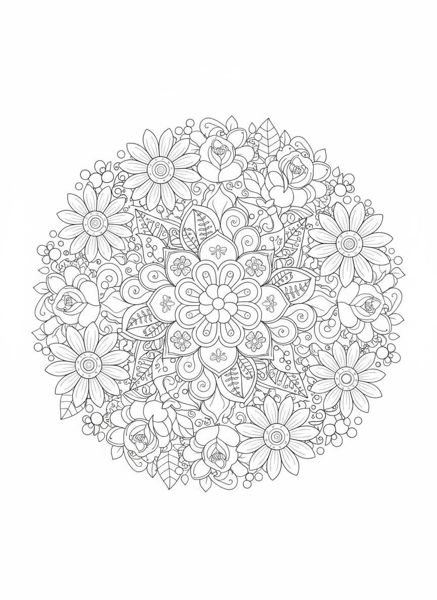 Easy Floral Mandala Coloring Page for Kids - Whimsical Nature Design - Mandala Coloring Page featuring Children and Flowers - Free Printable Outline Drawing for Kids