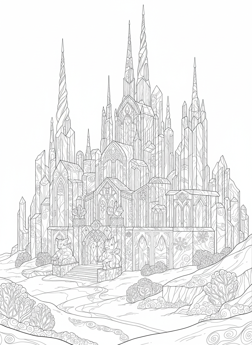 Elaborate Ice Palace Wonders Coloring Page - Winter Coloring Page featuring Snow and Seasonal - Free Printable Outline Drawing for Kids