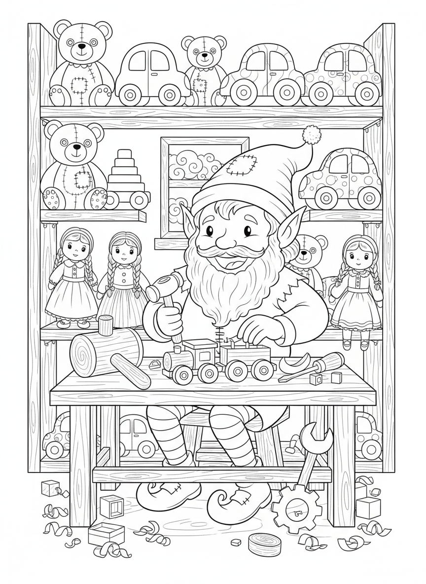 エルフのクリスマスおもちゃ工場ぬりえ - クリスマス ぬりえページ クリスマスと子供 - 無料印刷可能な輪郭画