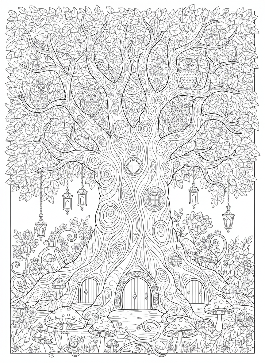 魅惑の古樹：奇幻森林の着色ページ - 森林 ぬりえページ 子供とファンタジー - 無料印刷可能な輪郭画