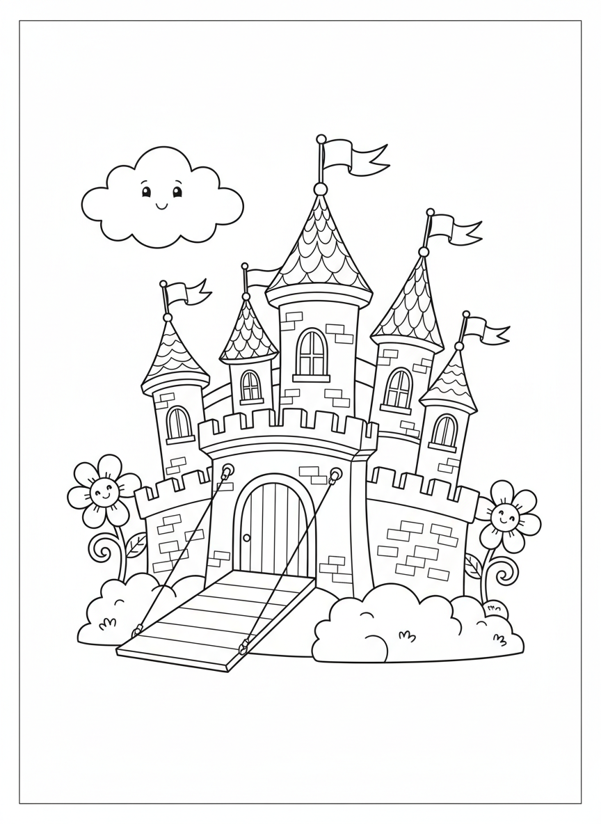 Enchanted Castle Adventure: Fun Coloring Page for Kids - Castle Coloring Page featuring Children and Cute - Free Printable Outline Drawing for Kids