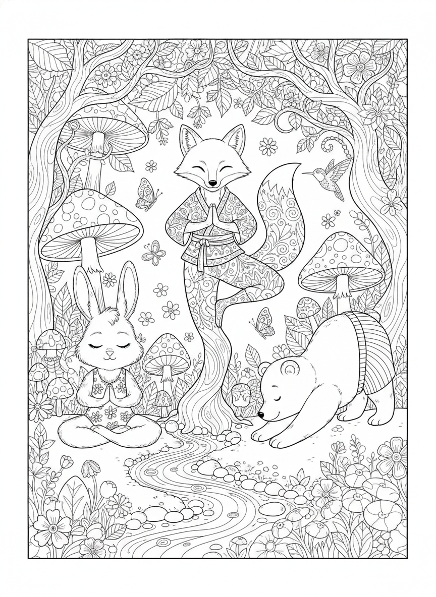 Enchanted Forest Yoga: Detailed Animal Friends Coloring Page for Kids - Friends Coloring Page featuring Children and Forest - Free Printable Outline Drawing for Kids