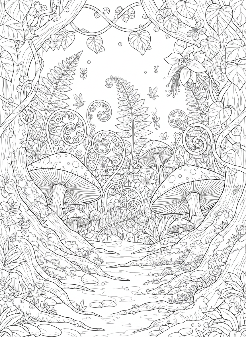 Enchanted Jungle Floor: A Whimsical Fantasy Coloring Adventure for Kids - Woodland Coloring Page featuring Children and Fantasy - Free Printable Outline Drawing for Kids