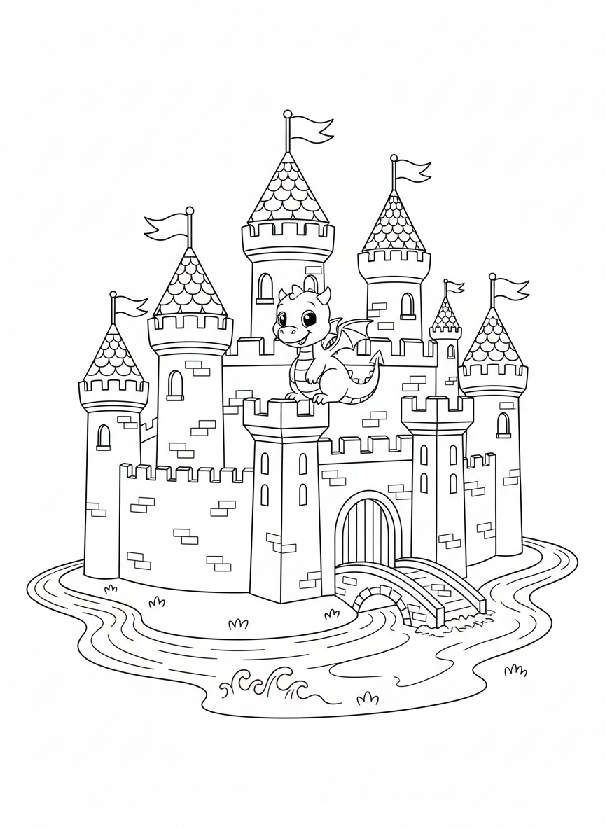 Enchanted Medieval Castle & Baby Dragon Coloring Page for Kids - Castle Coloring Page featuring Children and Fantasy - Free Printable Outline Drawing for Kids