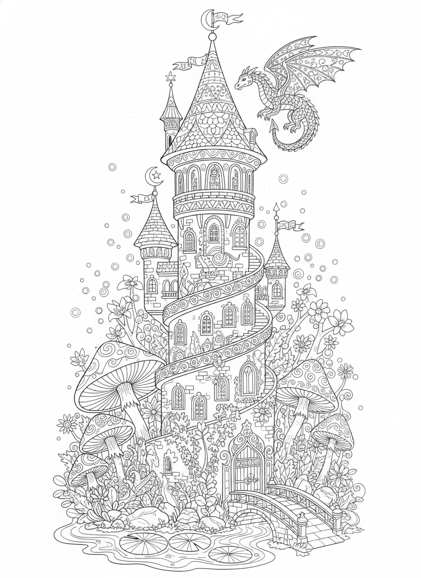 Enchanted Wizard Tower & Dragon Fantasy Coloring Page - Castle Coloring Page featuring Fantasy and Magic - Free Printable Outline Drawing for Kids