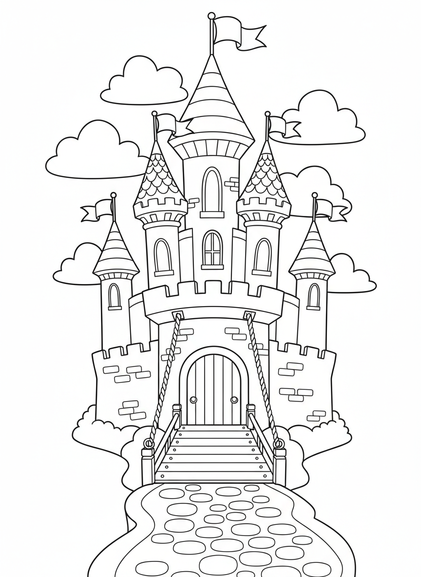 🏰 Page de Coloriage Château Cartoon Enchantant pour Enfants - Château Coloriage avec Enfants et Fantaisie - Dessin au Trait Gratuit Imprimable