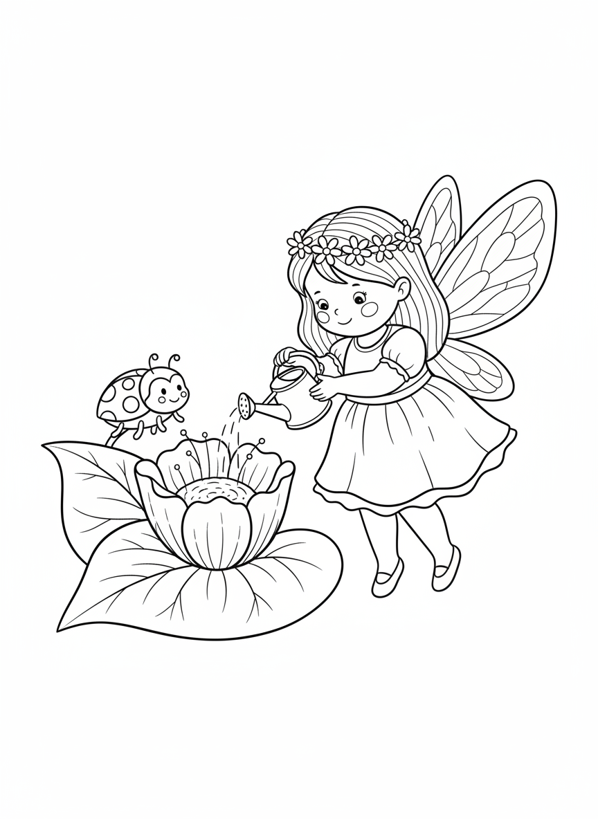 Enchanting Fairy & Magical Flower Kids Coloring Page - Fairy Coloring Page featuring Children and Cute - Free Printable Outline Drawing for Kids