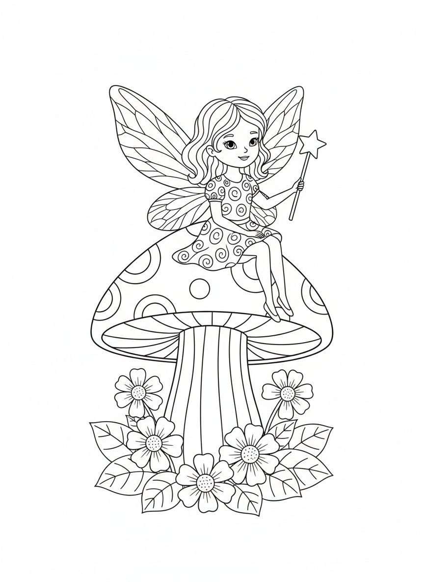 Página para Colorir: Fada Encantadora num Cogumelo para Crianças - Fada Desenho para Colorir com Natureza e Crianças - Desenho de Contorno Grátis Imprimível