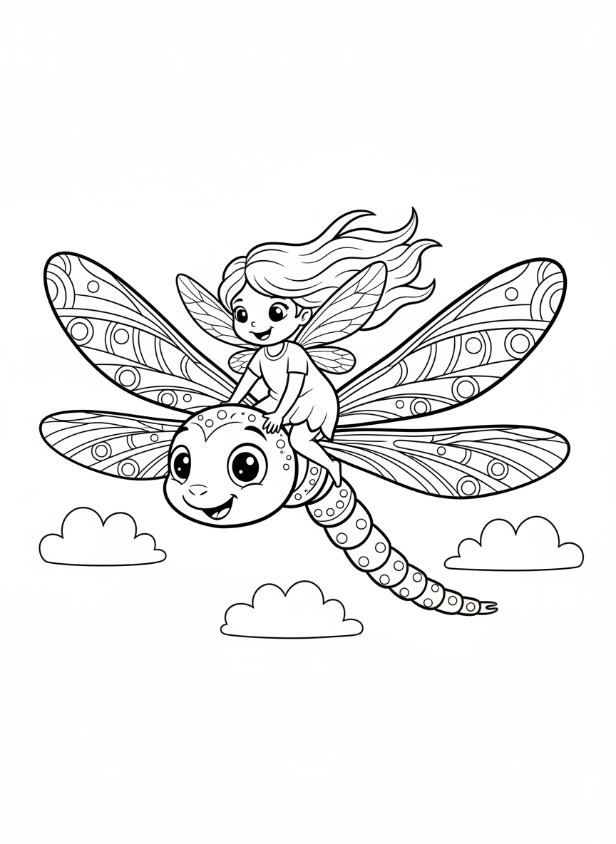 Enchanting Fairy Riding Dragonfly Kids Coloring Page - Fairy Coloring Page featuring Children and Fantasy - Free Printable Outline Drawing for Kids