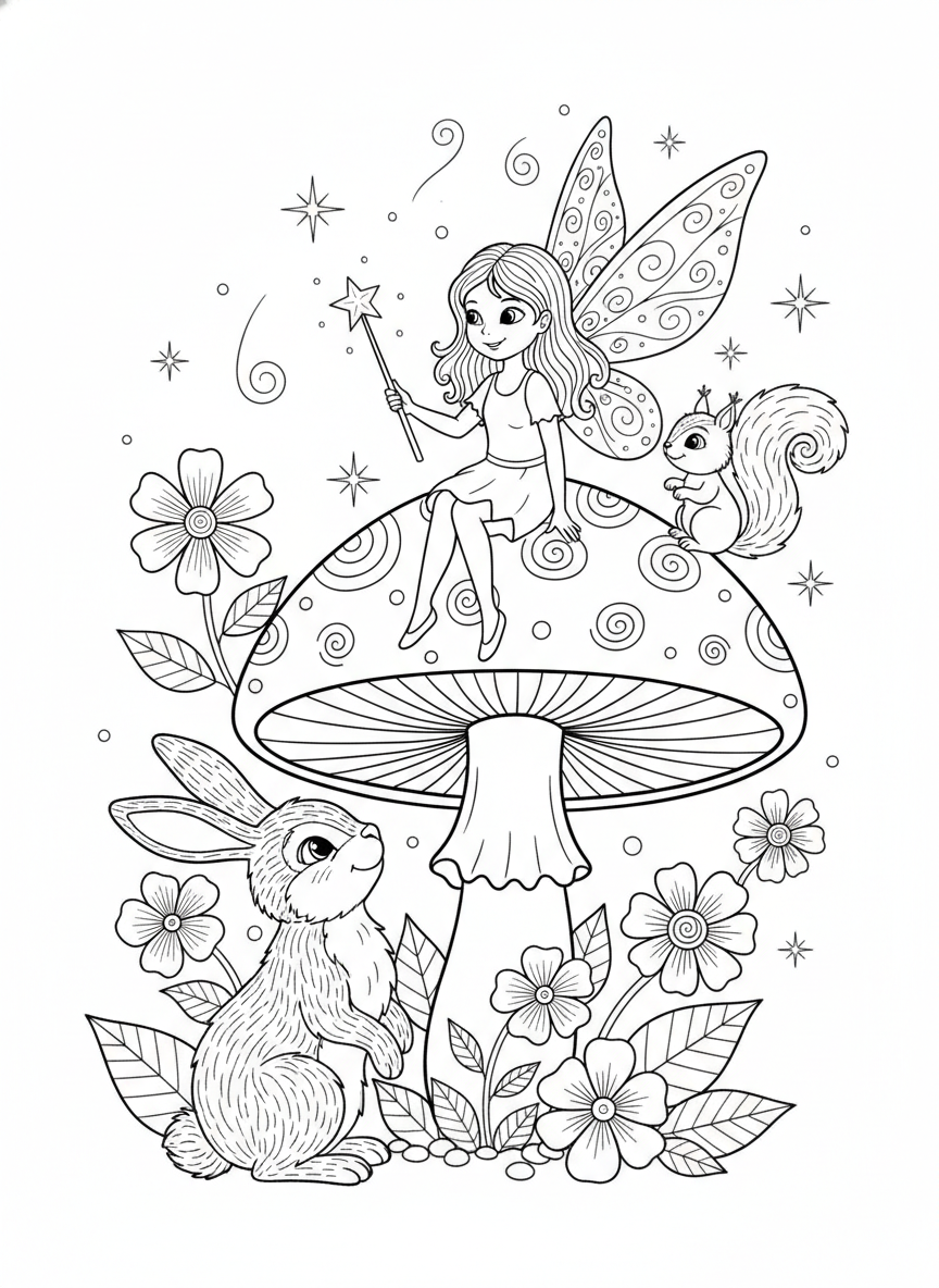 陽気な妖精と森の仲間たちぬりえ - 妖精 ぬりえページ 子供とかわいい - 無料印刷可能な輪郭画