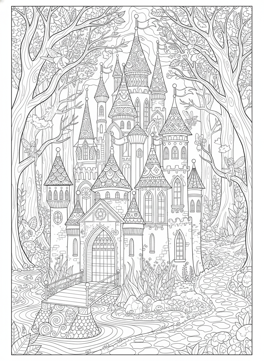 Enchanting Fantasy Castle & Forest Coloring Page for Kids (Ages 8-10) - Castle Coloring Page featuring Fantasy and Castle - Free Printable Outline Drawing for Kids