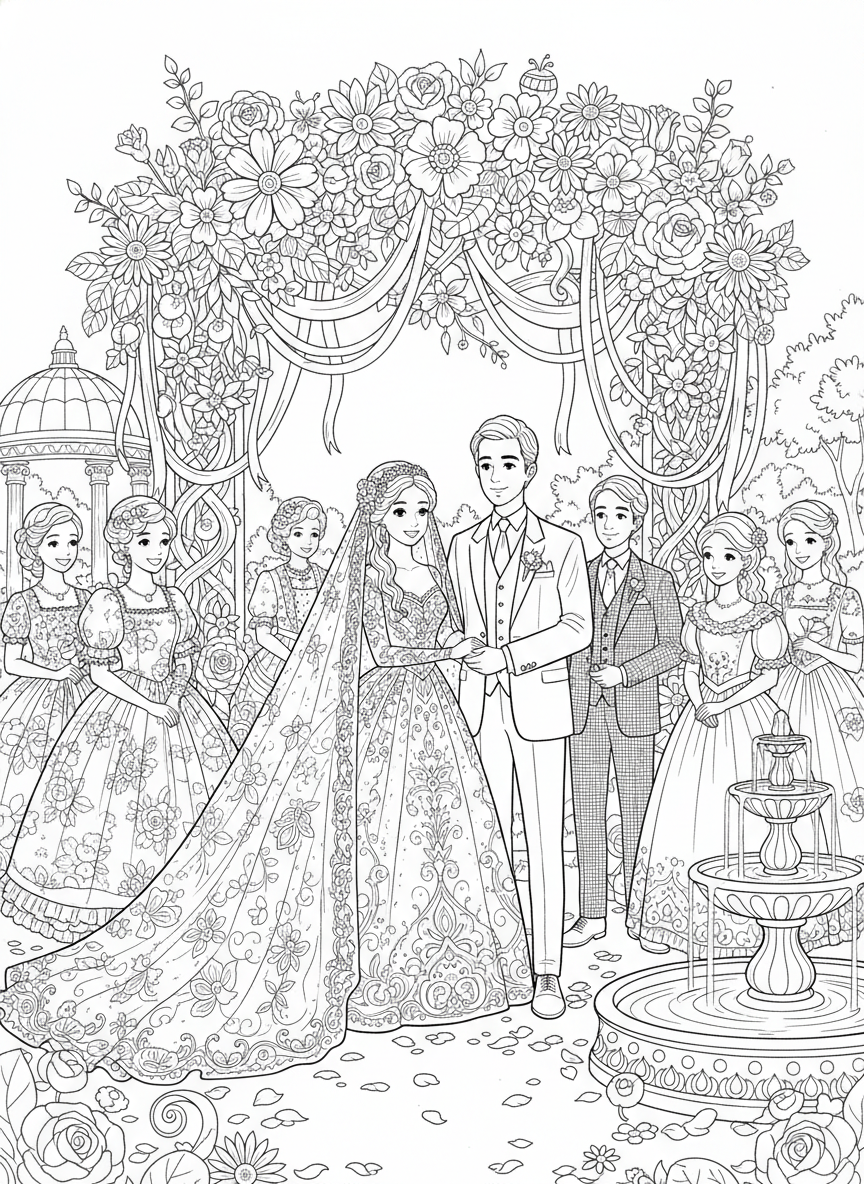 Enchanting Garden Wedding Ceremony: A Detailed Coloring Page for Kids - Wedding Coloring Page featuring Children and Complex - Free Printable Outline Drawing for Kids