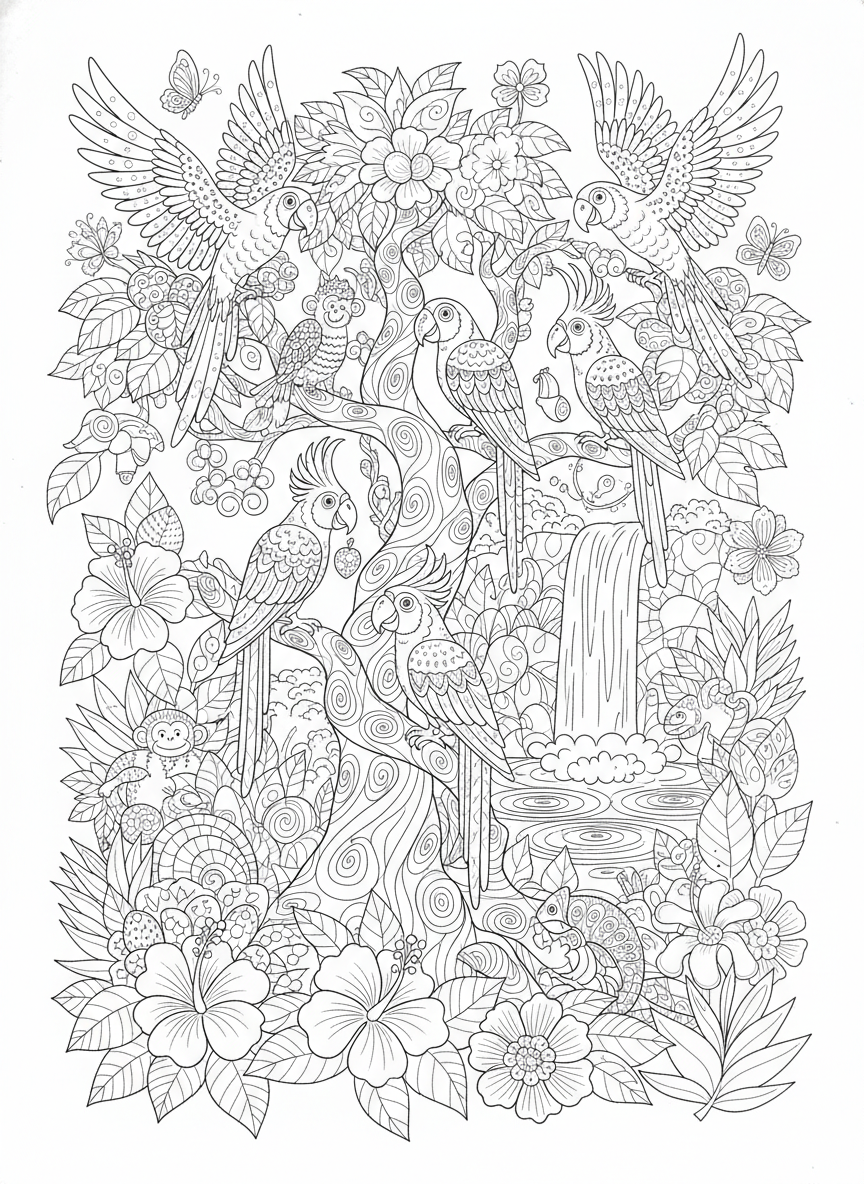 Aventura Encantadora na Selva: Página de Colorir Detalhada de Papagaios - Pássaro Desenho para Colorir com Selva e Detalhado - Desenho de Contorno Grátis Imprimível