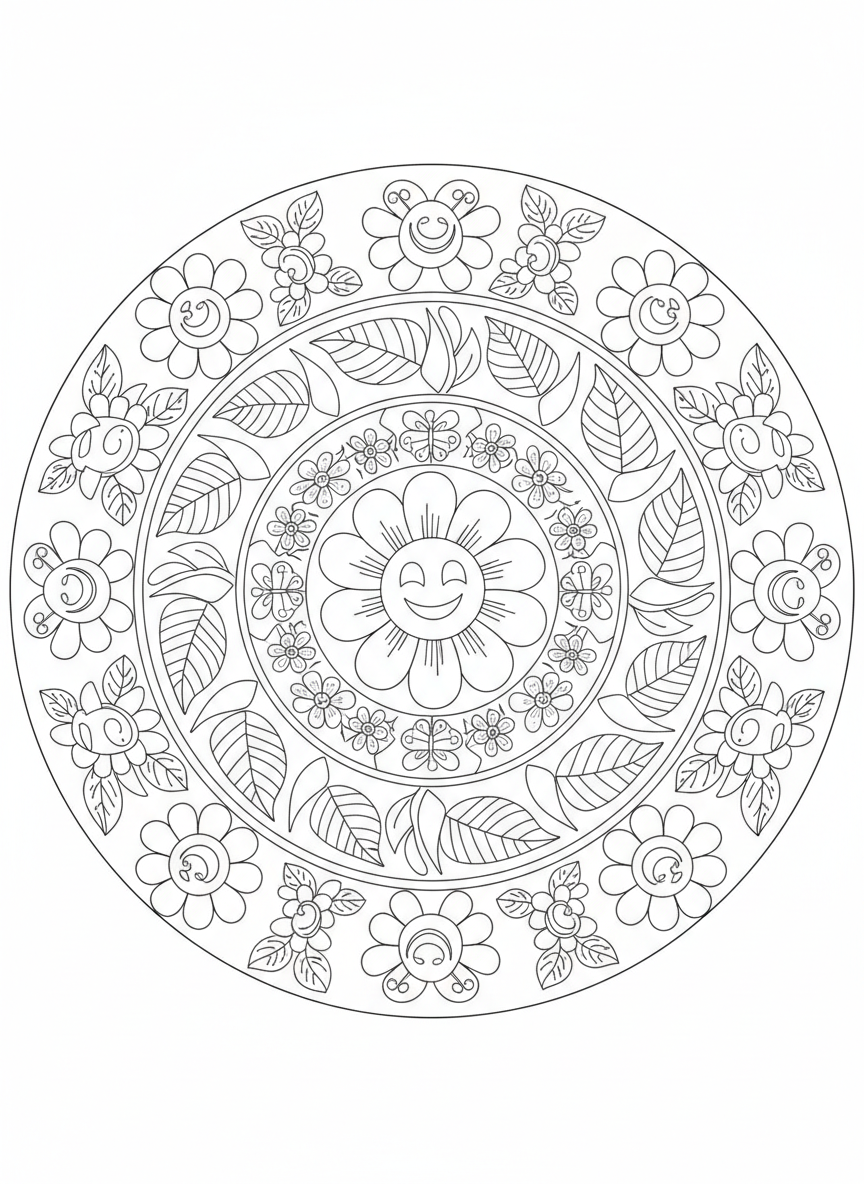 Enchanting Nature Mandala Coloring Page for Kids - Mandala Coloring Page featuring Easy and Nature - Free Printable Outline Drawing for Kids